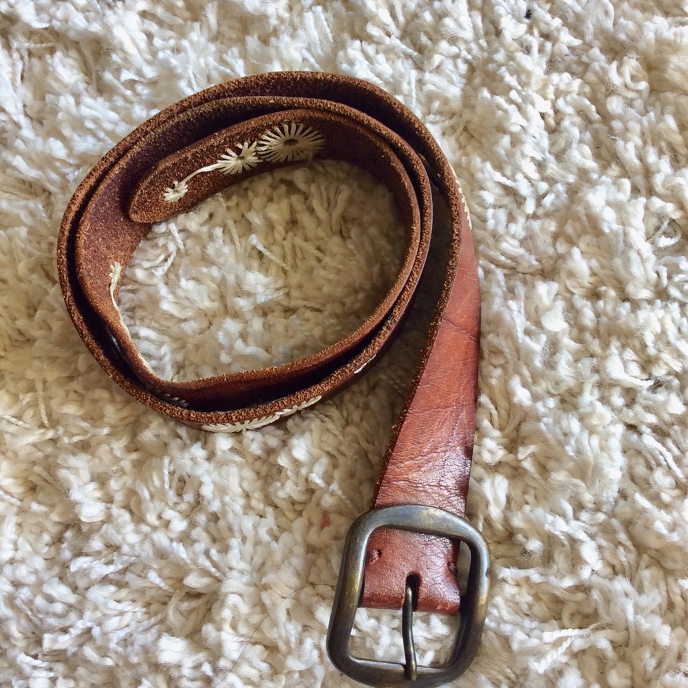 Brown Leather belt with hand sewed pattern.